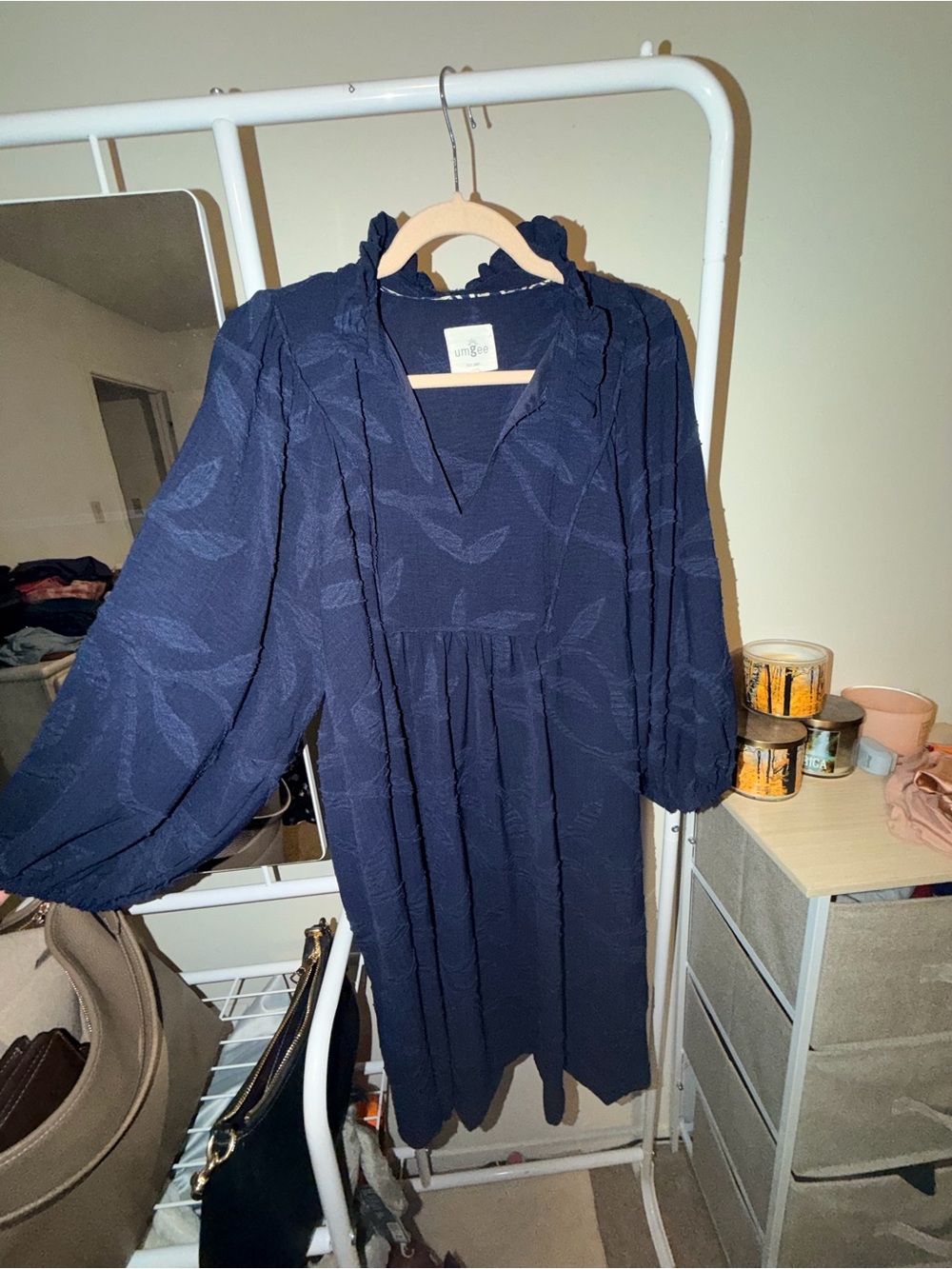 Umgee Navy Blue Long Sleeve Ruffle Neck Dress